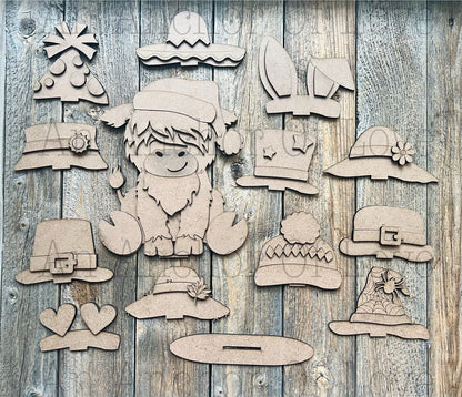Interchangeable Highland Cow with Seasonal Hats/  Highland Cow/ Standing Highland Cow/ Highland Cow Blanks/ Laser cut blanks * free shipping