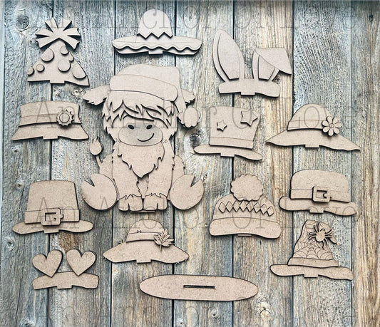 Interchangeable Highland Cow with Seasonal Hats/  Highland Cow/ Standing Highland Cow/ Highland Cow Blanks/ Laser cut blanks * free shipping