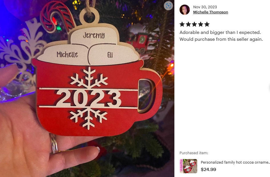 Personalized Family Hot Cocoa Christmas Ornament: Engraved Wood, Up to 15 Names