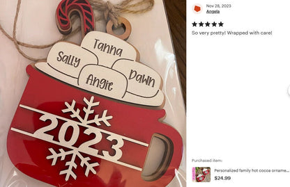 Personalized family hot cocoa ornament with last name- Christmas ornament / 2024 Christmas ornament /-up to 15 names - personalized  gift