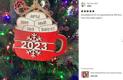 Personalized family hot cocoa ornament with last name- Christmas ornament / 2024 Christmas ornament /-up to 15 names - personalized  gift