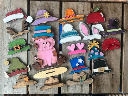 Pig with Interchangeable Hats // Pig Decoration //Pig Shelf Sitter// Viral Shelf Sitter with hats