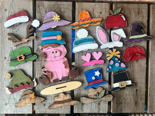 Pig with Interchangeable Hats // Pig Decoration //Pig Shelf Sitter// Viral Shelf Sitter with hats