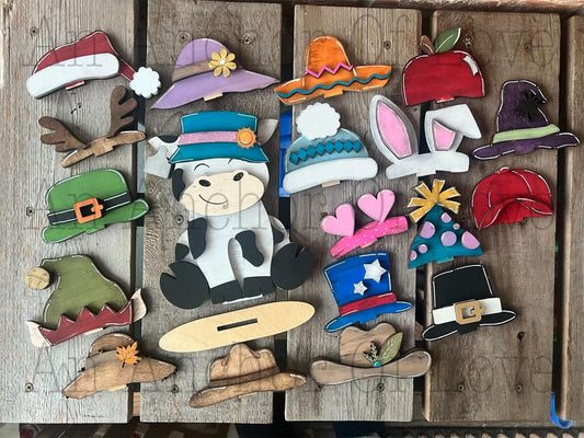 Farmyard Cow with Interchangeable Hats // Farmyard Cow Decoration //Farm Yard Shelf Sitter// Viral Shelf Sitter with hats