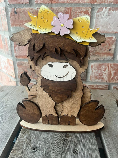 Highland Cow with Interchangeable bows // Highland Cow Decoration //Highland Cow Shelf Sitter// Viral Shelf Sitter with bow