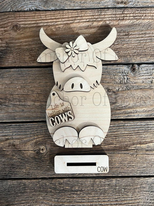 Standing highland cow DIY Paint Kit | Tiered Tray Laser Cut Wood Blanks | Holiday DIY Kits