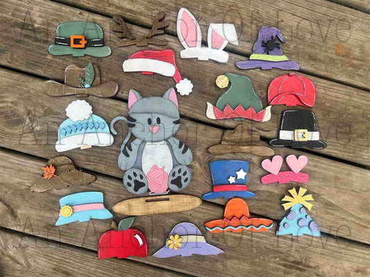 Cat with Interchangeable Hats // Farmyard cat Decoration //Farm Yard Shelf Sitter// Viral Shelf Sitter with hats