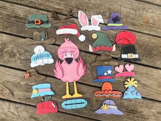 Tropical flamingo with Interchangeable Hats // flamingo Decoration // Shelf Sitter// Viral Shelf Sitter with hats