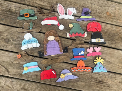 Girl gnome with Interchangeable Hats // gnome Decoration //Farm Yard Shelf Sitter// Viral Shelf Sitter with hats