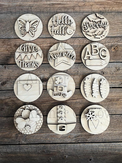 Mini Round Seasonal Inserts Tiered Tray DIY Paint Kit | Winter Tiered Tray Laser Cut Wood Blanks | Holiday DIY Kits
