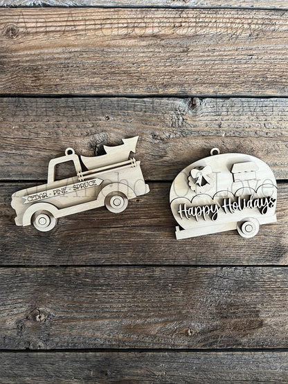 Christmas Truck and Camper ornament DIY Paint Kit | Laser Cut Wood Blanks | Holiday DIY Kits