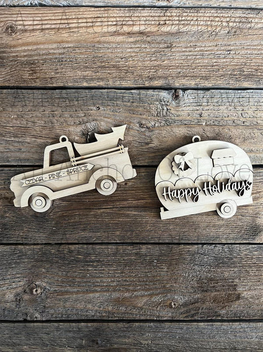Christmas Truck and Camper ornament DIY Paint Kit | Laser Cut Wood Blanks | Holiday DIY Kits
