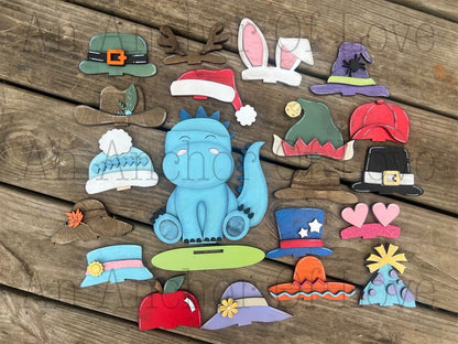 Dinosaur with Interchangeable Hats // dino Decoration //Farm Yard Shelf Sitter// Viral Shelf Sitter with hats