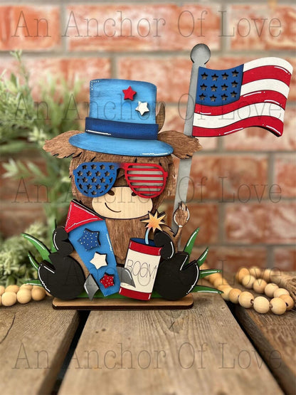 Patriotic Highland cow| Fourth of July decor| tiered tray decor, summer decor | Fourth of July |Americana decor