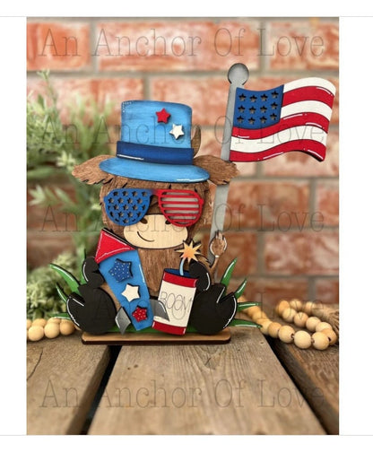Patriotic Highland cow| Fourth of July decor| tiered tray decor, summer decor | Fourth of July |Americana decor