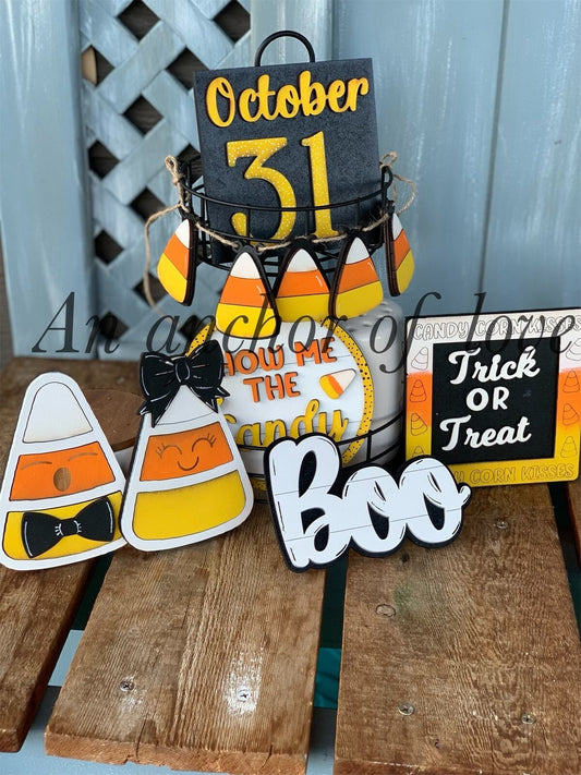 7 piece candy corn spooky tiered tray set | individual pieces | full tiered tray set |