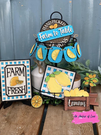 Lemon themed tiered tray decor -Farm Fresh Lemon Decor-Mini Lemon SIgns- Lemon Decor