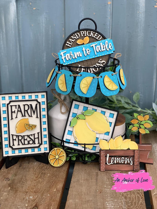 Lemon themed tiered tray decor -Farm Fresh Lemon Decor-Mini Lemon SIgns- Lemon Decor