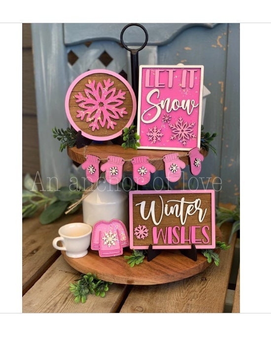 Pink Christmas Tiered Tray Decor-Pink Christmas Decorations-Pink Christmas