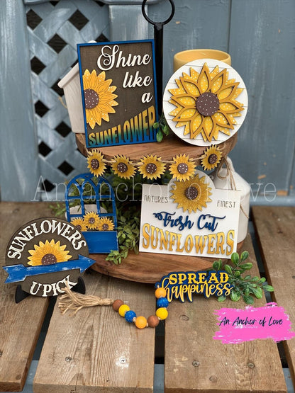 Sunflower Tiered Tray Decor-Yellow and Blue Sunflowers-Tiered Tray Decor- Kitchen Decor