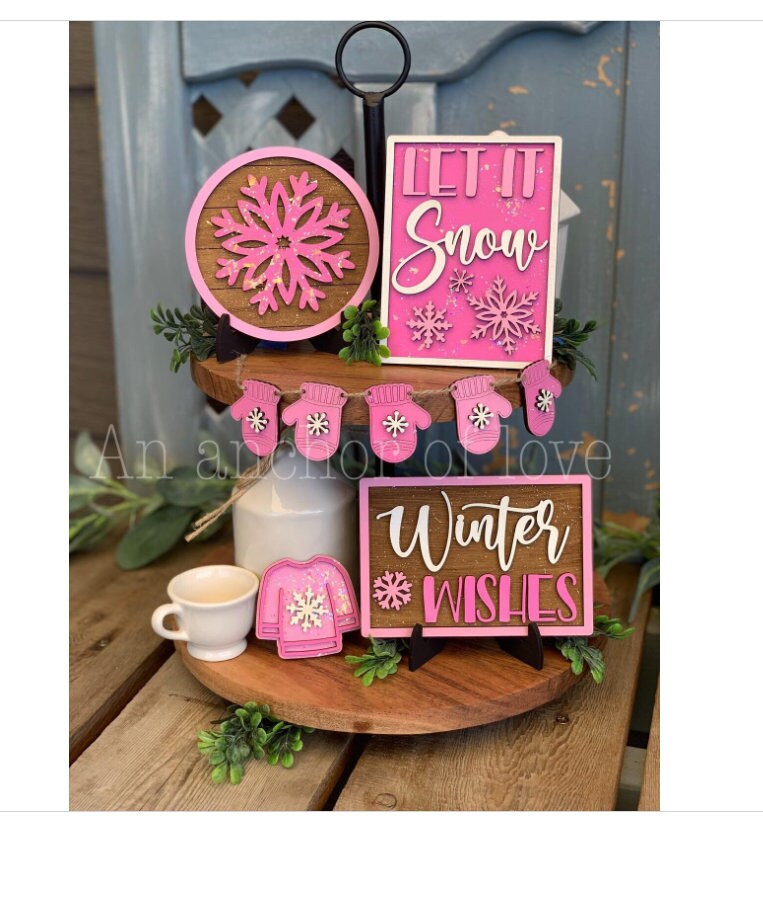 Pink Christmas Tiered Tray Decor-Pink Christmas Decorations-Pink Christmas