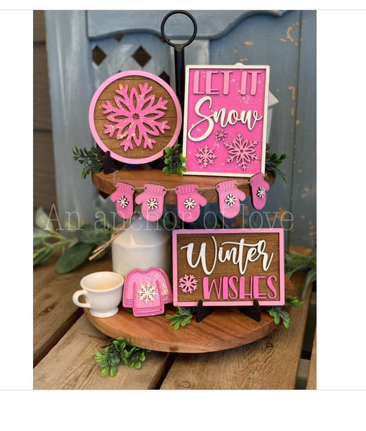 Pink Christmas Tiered Tray Decor-Pink Christmas Decorations-Pink Christmas