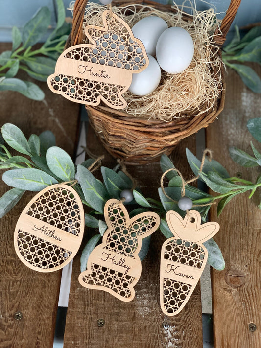 Rattan Easter basket tags-four styles to choose from - natural wood- personalized Easter tags