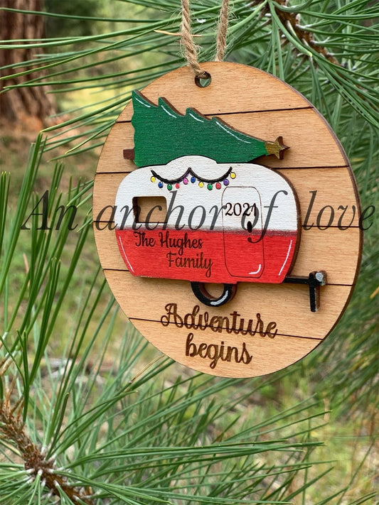 Adventure awaits camping themed Christmas ornament, personalized, Christmas
