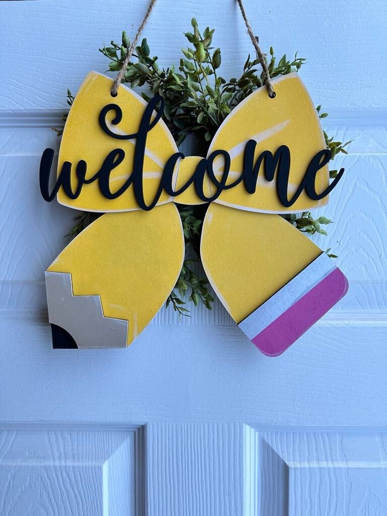 Bow shaped Pencil -Welcome Sign -teachers pencil sign; classroom decor; teacher's door; back to school gift