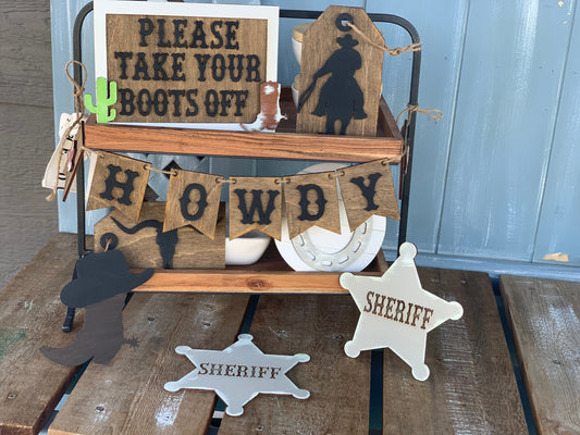 Cow boy themed tiered tray decor