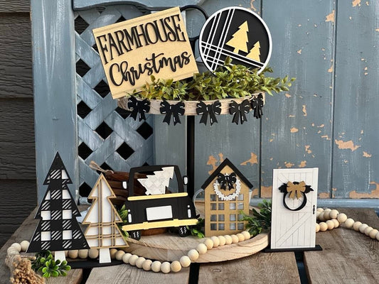 Farmhouse Christmas Tiered Tray Decor-Black and White Christmas-Farmhouse Christmas