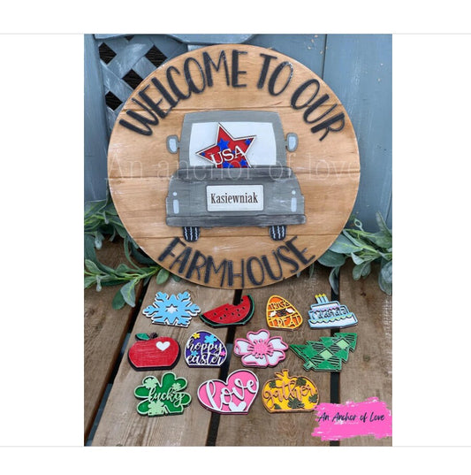Vintage Truck Interchangeable Welcome Door Hanger, red truck door hanger, holiday door hanger, housewarming gift