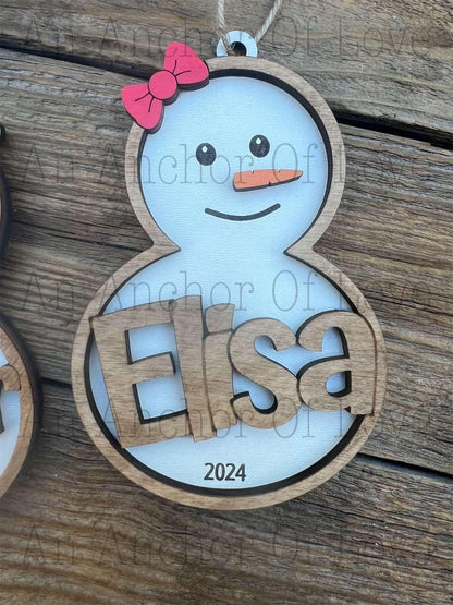 Wood personalized Snowman ornament, handmade 2024 ornament, Christmas decor and gift, handmade 2024 ornament, Christmas decor and gift
