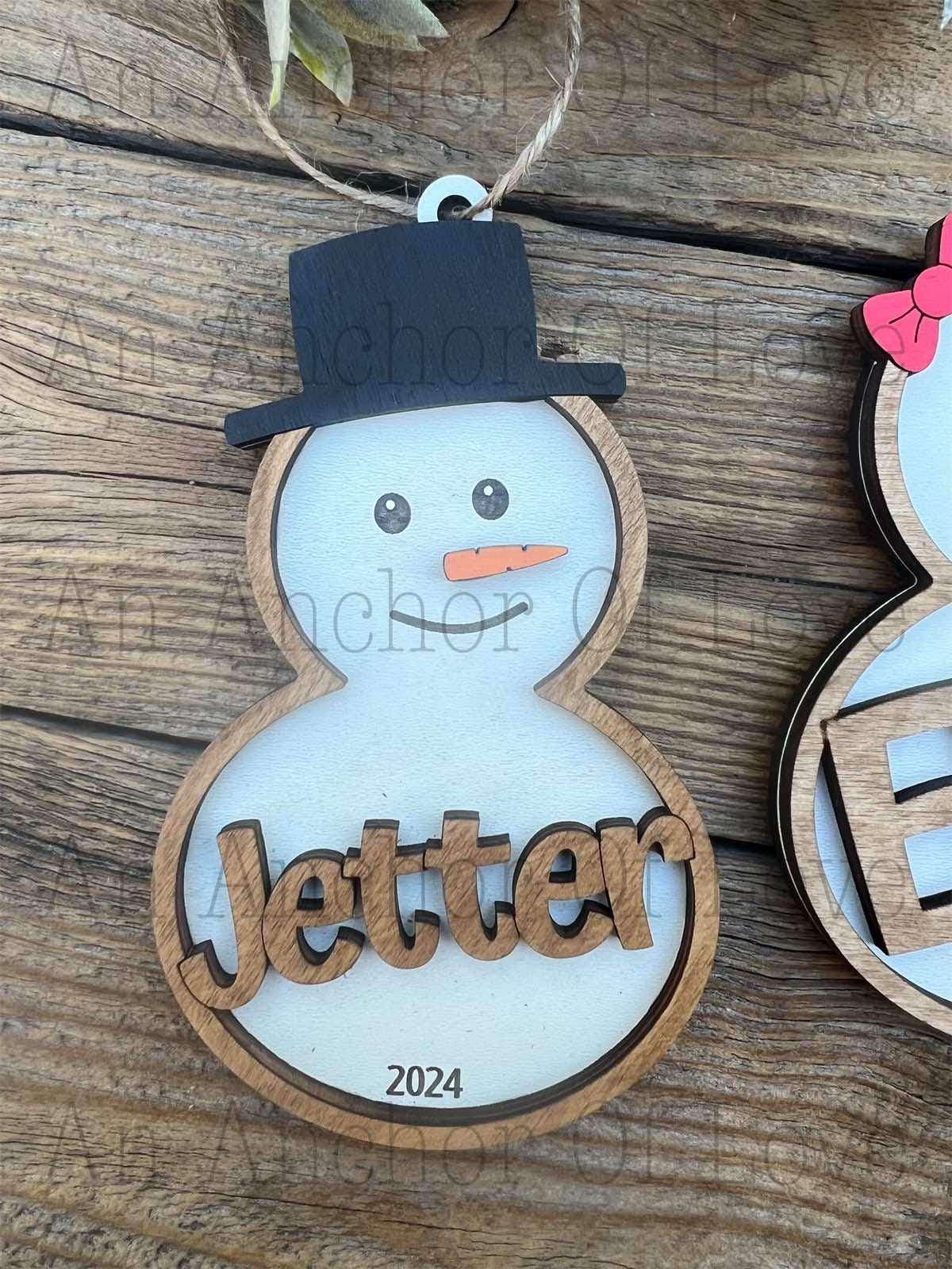 Wood personalized Snowman ornament, handmade 2024 ornament, Christmas decor and gift, handmade 2024 ornament, Christmas decor and gift