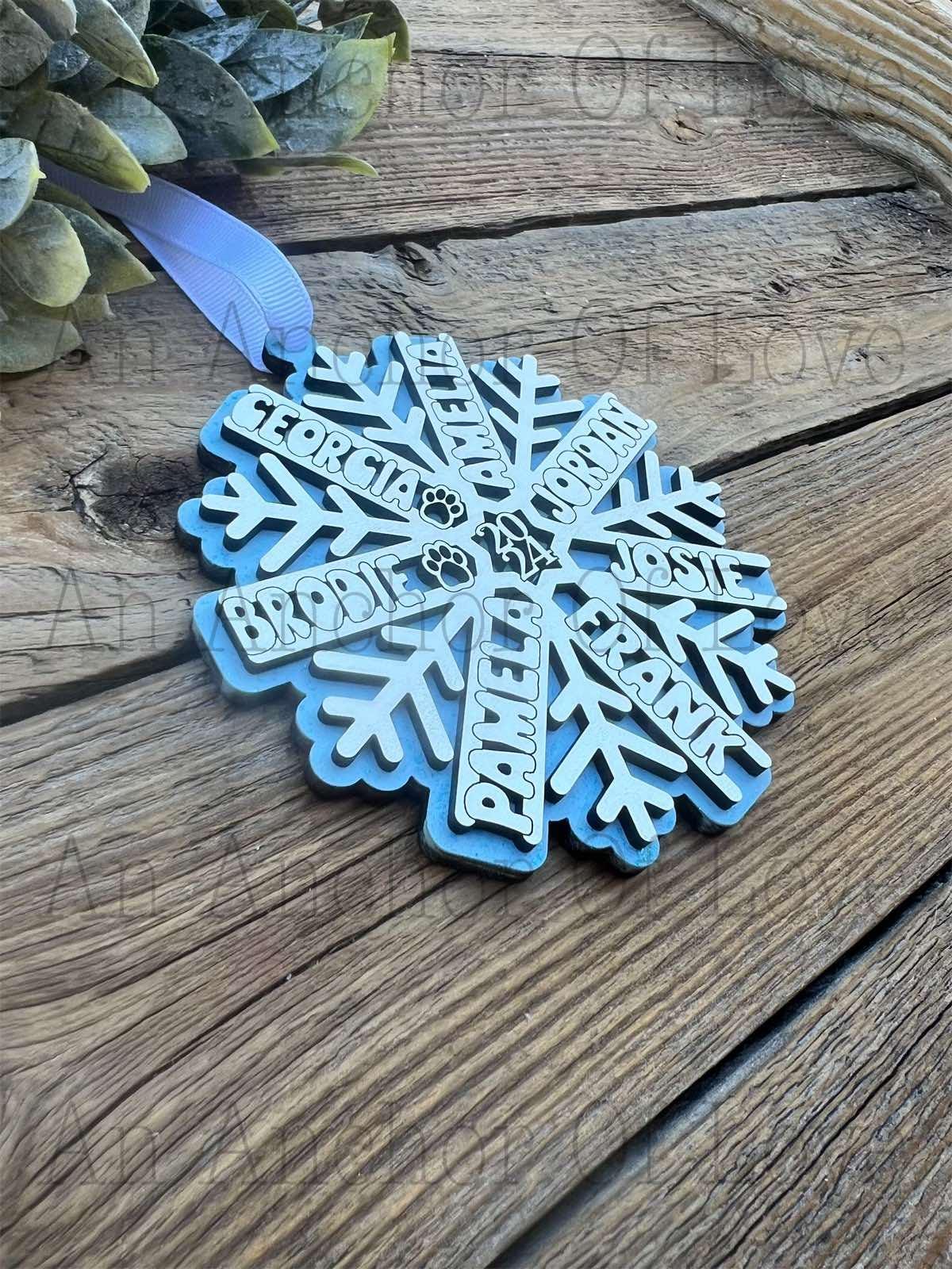 Wood personalized Family Snowflake ornament, handmade 2024 ornament, Christmas decor and gift, handmade 2024 ornament, Christmas gift