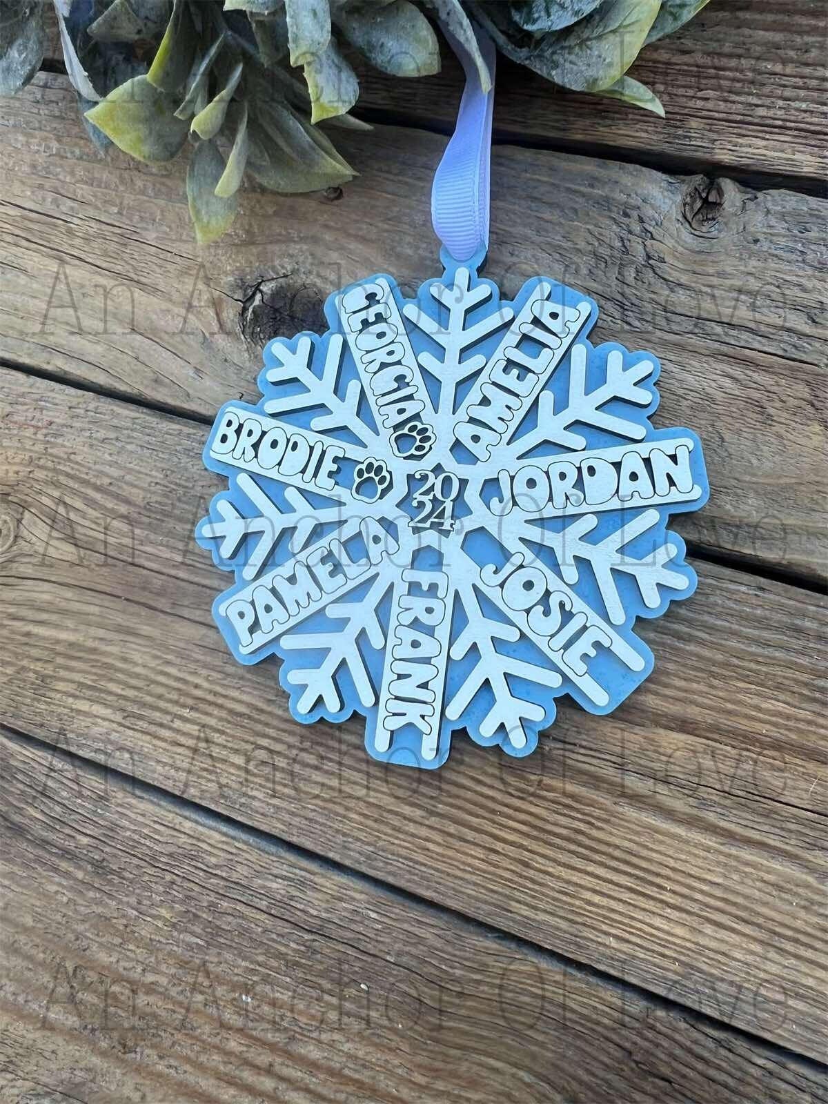 Wood personalized Family Snowflake ornament, handmade 2024 ornament, Christmas decor and gift, handmade 2024 ornament, Christmas gift