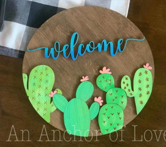 Welcome Cactus Door Round/ Cactus Decor / Tray signs / Tray decor / 3d sign / door hanger