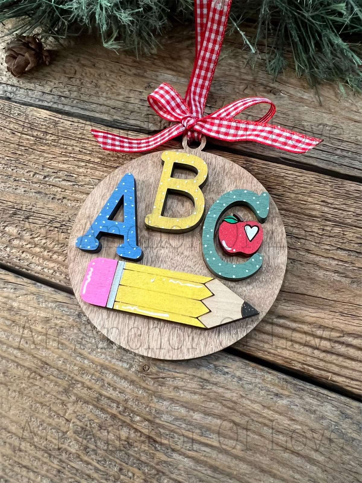 ABC pencil Teacher - hand painted Christmas ornament- gift for teacher