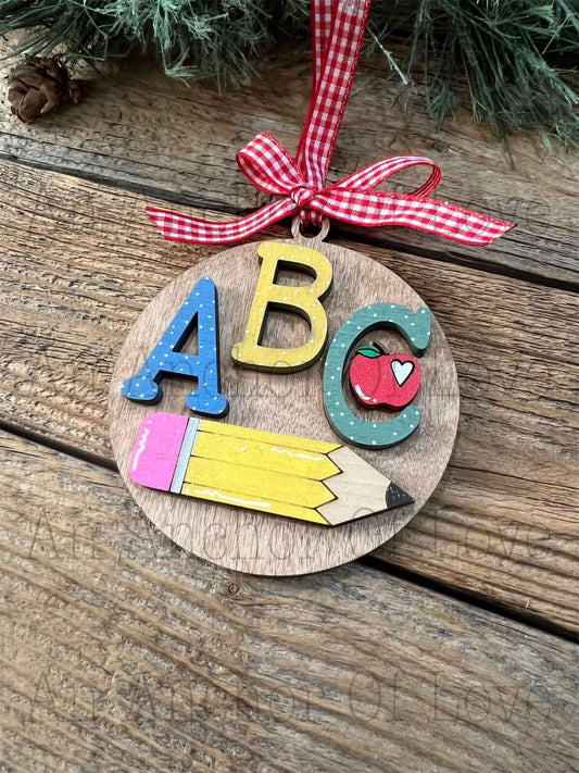 ABC pencil Teacher - hand painted Christmas ornament- gift for teacher