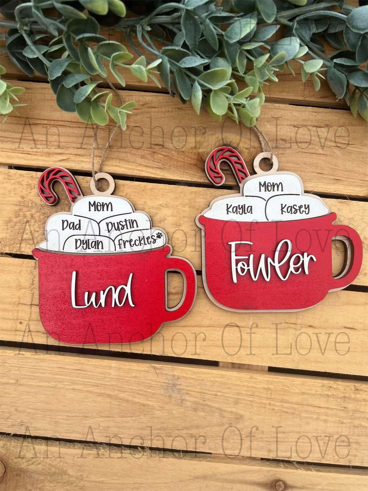 Personalized Family Hot Cocoa Christmas Ornament: Engraved Wood, Up to 15 Names