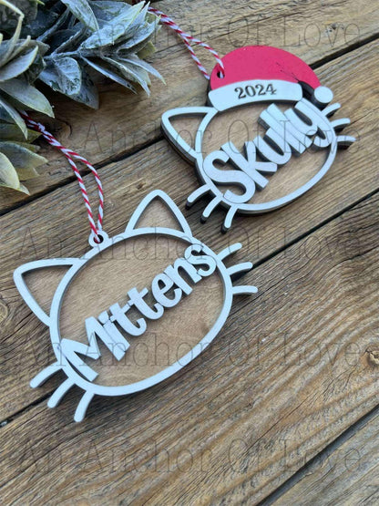 Wood personalized cat ornament, handmade 2024 ornament, Christmas decor and gift, handmade 2024 ornament, Christmas decor and gift