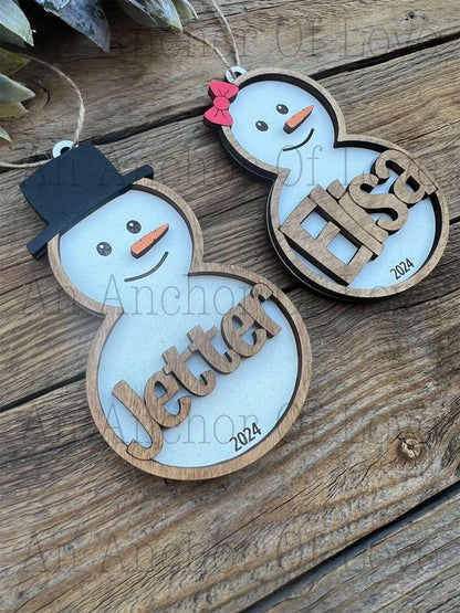 Wood personalized Snowman ornament, handmade 2024 ornament, Christmas decor and gift, handmade 2024 ornament, Christmas decor and gift