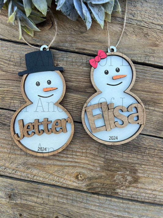 Wood personalized Snowman ornament, handmade 2024 ornament, Christmas decor and gift, handmade 2024 ornament, Christmas decor and gift
