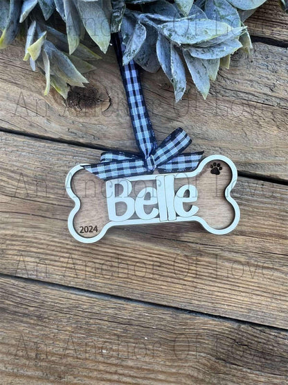 Wood personalized dog bone ornament, handmade 2024 ornament, Christmas decor and gift, handmade 2024 ornament, Christmas decor and gift