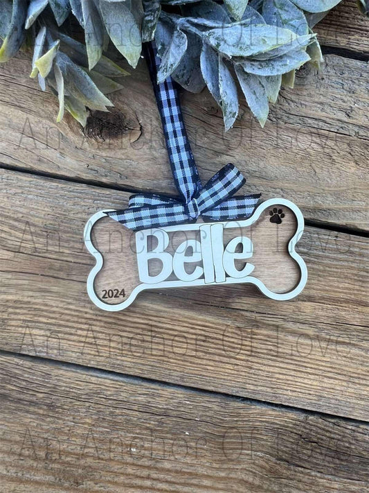 Wood personalized dog bone ornament, handmade 2024 ornament, Christmas decor and gift, handmade 2024 ornament, Christmas decor and gift