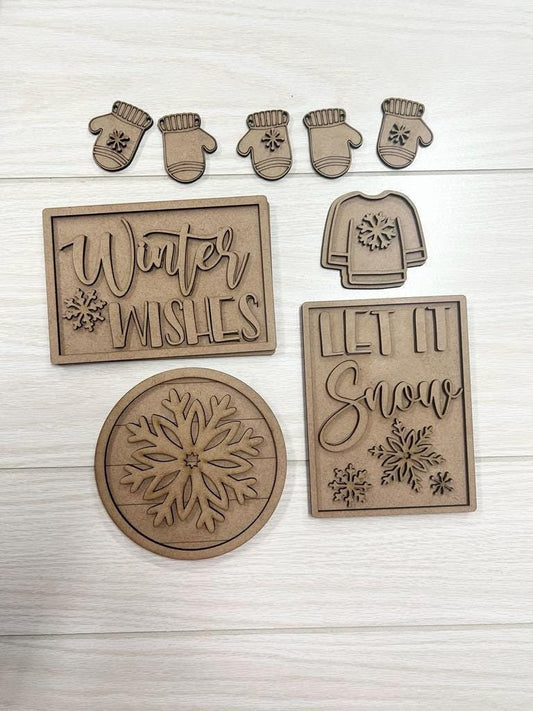Winter Wishes DIY Paint Kit | Winter Tiered Tray Laser Cut Wood Blanks | Holiday DIY Kits