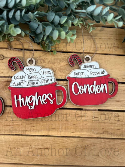 Personalized family hot cocoa ornament with last name- Christmas ornament / 2024 Christmas ornament /-up to 15 names - personalized  gift