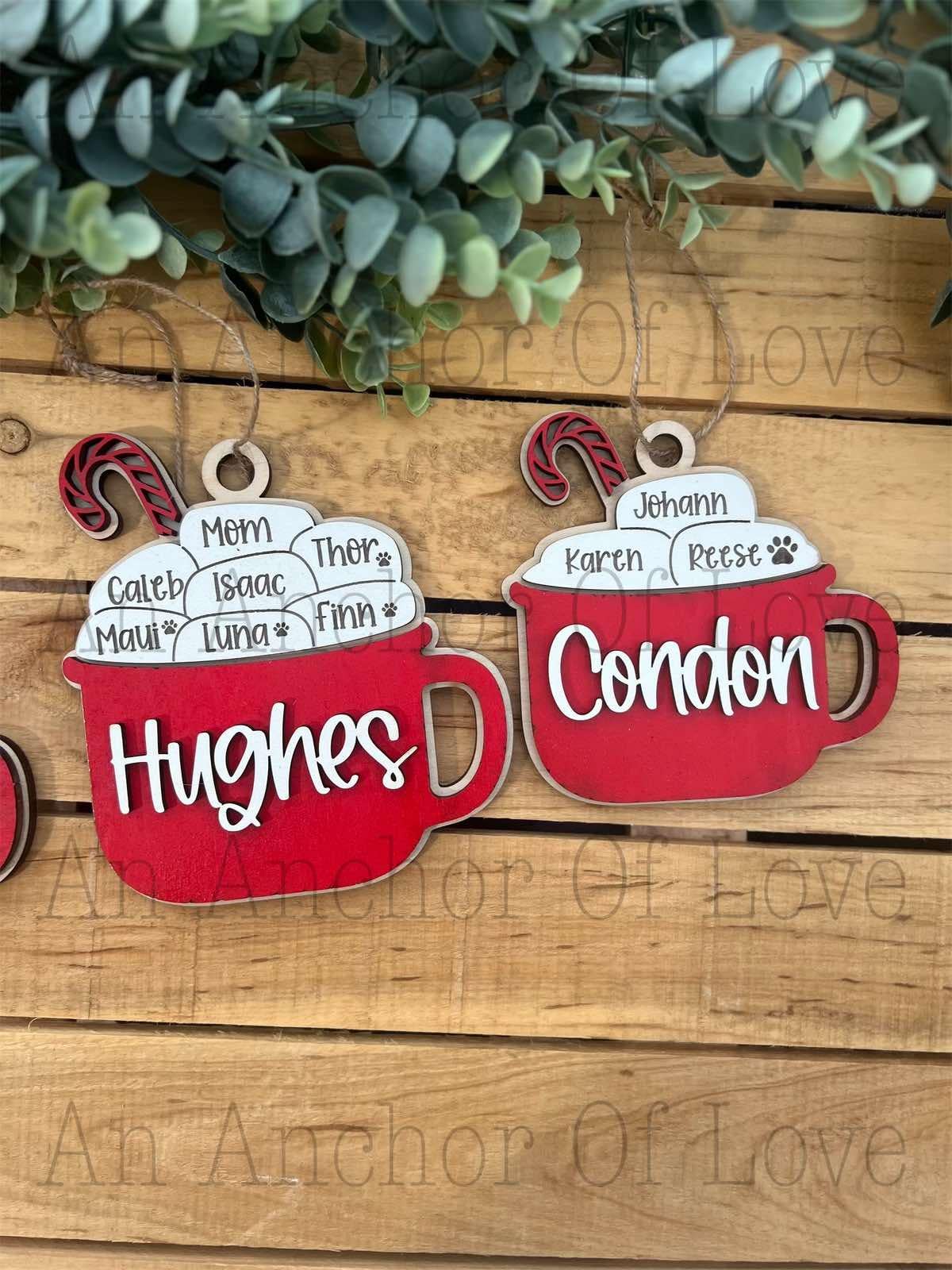 Personalized Family Hot Cocoa Christmas Ornament: Engraved Wood, Up to 15 Names