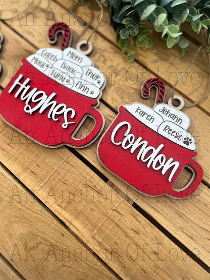 Personalized Family Hot Cocoa Christmas Ornament: Engraved Wood, Up to 15 Names