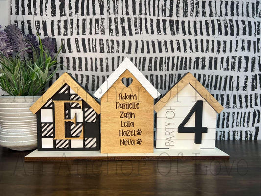 Personalized three house family sign, Custom Standing House Decor, Farmhouse Decor, House warming, Christmas gift, Mothers Day Gift